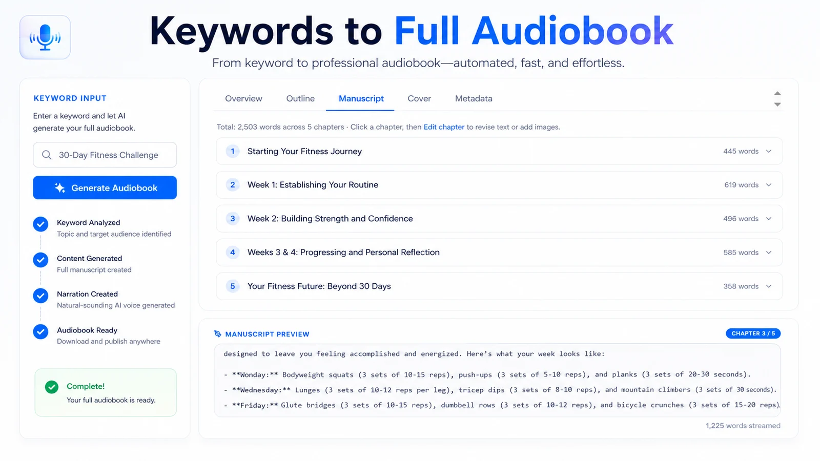 Keywords to audiobook workflow