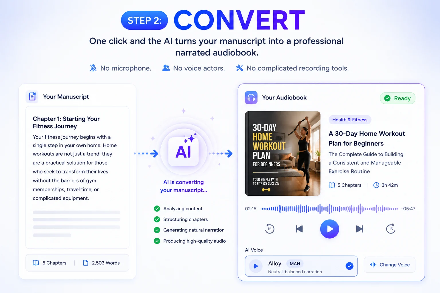 Convert manuscript into narrated audio